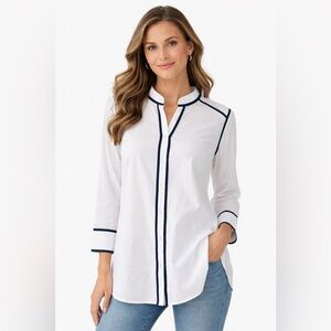 Gretchen Scott Designs White Button-Down Shirt with Navy Trim NWT